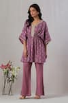 Grass & Sunshine_Purple Modal Satin Print Breezy Bloom V Neck Kurta With Bell Bottom Pant _Online_at_Aza_Fashions