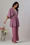 Grass & Sunshine_Purple Modal Satin Print Breezy Bloom V Neck Kurta With Bell Bottom Pant _at_Aza_Fashions