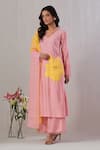 Grass & Sunshine_Pink Viscose Embroidery Flora Applique V Neck Beaded Spectrum Kurta Set _Online_at_Aza_Fashions