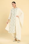 Buy_Label Lila_Off White Cotton Chanderi Blend Embroidery Damask Mandarin Collar Kurta Pant Set _at_Aza_Fashions