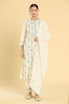 Buy_Label Lila_Off White Cotton Chanderi Blend Embroidery Damask Mandarin Collar Kurta Pant Set _Online_at_Aza_Fashions