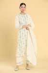 Shop_Label Lila_Off White Cotton Chanderi Blend Embroidery Damask Mandarin Collar Kurta Pant Set _Online_at_Aza_Fashions