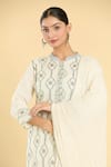 Label Lila_Off White Cotton Chanderi Blend Embroidery Damask Mandarin Collar Kurta Pant Set _at_Aza_Fashions