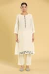 Label Lila_Off White Cotton Chanderi Blend Embroidery Phool Round Neck Kurta Pant Set _Online_at_Aza_Fashions