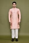 Buy_Arihant Rai Sinha_Peach Silk, Polyester Mirrors Straight Work Band Collar Kurta And Pant Set _Online_at_Aza_Fashions