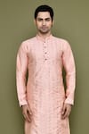 Shop_Arihant Rai Sinha_Peach Silk, Polyester Mirrors Straight Work Band Collar Kurta And Pant Set _Online_at_Aza_Fashions