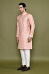 Arihant Rai Sinha_Peach Silk, Polyester Mirrors Straight Work Band Collar Kurta And Pant Set _at_Aza_Fashions