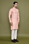 Buy_Arihant Rai Sinha_Peach Silk, Polyester Mirrors Straight Work Band Collar Kurta And Pant Set 