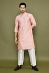 Shop_Arihant Rai Sinha_Peach Silk, Polyester Mirrors Straight Work Band Collar Kurta And Pant Set 