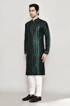 Arihant Rai Sinha_Green Kurta Handloom Silk Embroidered Mirror Band Collar Straight And Pant Set _at_Aza_Fashions