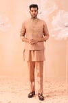 Buy_Contrast By Parth_Brown Soft Silk Hand Embroidered Geometrical Moondust Nehru Jacket And Kurta Set _at_Aza_Fashions