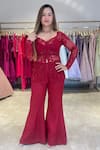 K&A By Karishma and Ashita_Red Net Embroidery Glass Bead Broad V Neck Carmine Jacket Flared Pant Set _Online_at_Aza_Fashions