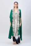 MINAXI DADOO_Green China Dupion Embellished V Neck Cape And Shaded Draped Skirt Set _Online_at_Aza_Fashions