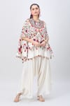 Buy_MINAXI DADOO_Ivory Dupion Embroidery Floral Round Thread Cape And Flared Pant Set _at_Aza_Fashions