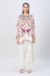 MINAXI DADOO_Ivory Dupion Embroidery Floral Round Thread Cape And Flared Pant Set _at_Aza_Fashions