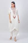 Buy_MINAXI DADOO_Ivory Dupion Silk Embellished Dori Work Round Yoke Crushed Kaftan And Pant Set _Online_at_Aza_Fashions