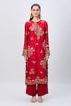 MINAXI DADOO_Red Dupion Silk Embroidery Temple Motifs Round Kurta Set _Online_at_Aza_Fashions