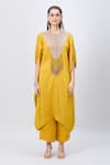 MINAXI DADOO_Yellow Dupion Silk Embellished Dori Work Round Crushed Kaftan And Pant Set _at_Aza_Fashions