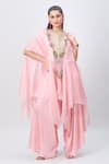 Buy_MINAXI DADOO_Pink Silk Embellished Tassels Round Hankey Cape And Flared Pant Set _at_Aza_Fashions