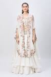 Shop_MINAXI DADOO_Ivory Dupion Silk Embroidery Floral Round Botanic Cape And Skirt Set _Online_at_Aza_Fashions