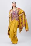 Buy_MINAXI DADOO_Yellow China Dupion Embellished Kashmiri V Neck Cape And Crushed Skirt Set _at_Aza_Fashions