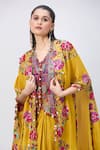 Shop_MINAXI DADOO_Yellow China Dupion Embellished Kashmiri V Neck Cape And Crushed Skirt Set _Online_at_Aza_Fashions