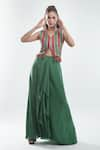 Buy_Suave_Green Top Dola Silk Stripe V Neck Front Slit With Skirt _at_Aza_Fashions