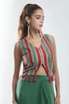 Suave_Green Top Dola Silk Stripe V Neck Front Slit With Skirt _at_Aza_Fashions