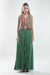 Buy_Suave_Green Top Dola Silk Stripe V Neck Front Slit With Skirt 