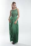 Buy_Suave_Green Crepe Embroidery Floral Round Yoke Draped Gown _at_Aza_Fashions