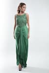 Suave_Green Crepe Embroidery Floral Round Yoke Draped Gown _Online_at_Aza_Fashions