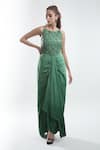 Buy_Suave_Green Crepe Embroidery Floral Round Yoke Draped Gown _Online_at_Aza_Fashions