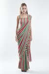 Suave_Green Blouse Dola Silk Hand Work Stripe Square Pattern Pre-draped Saree With _Online_at_Aza_Fashions