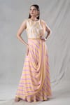 Buy_Suave_Purple Crepe Embroidery Leaf Round Stripe Pattern Attached Drape Gown _Online_at_Aza_Fashions