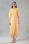 Suave_Yellow Pant Crepe Shell Round Detailed Draped Kaftan With _at_Aza_Fashions