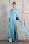 Buy_KIRAN KALSI_Blue Kurta And Palazzo Organza Satin Hand Embroidery Mirror Round Set 