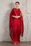 Buy_KIRAN KALSI_Red Kurta And Salwar Organza Satin Hand Embroidery Mirror High Neck Set _at_Aza_Fashions