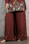 KIRAN KALSI_Brown Kurta And Palazzo Rawsilk Hand Embroidery Floral V Neck Set _Online_at_Aza_Fashions