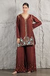 Buy_KIRAN KALSI_Brown Kurta And Palazzo Rawsilk Hand Embroidery Floral V Neck Set _Online_at_Aza_Fashions