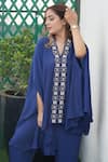 Buy_Myra Clothing Line_Blue Crepe Embellished Bead V-neck Floral Tunic With Pant _Online_at_Aza_Fashions