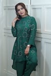 Buy_Myra Clothing Line_Green Crepe Embellished Bead Band Collar High-low Kurta With Pant _at_Aza_Fashions