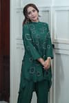 Myra Clothing Line_Green Crepe Embellished Bead Band Collar High-low Kurta With Pant _Online_at_Aza_Fashions