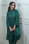 Buy_Myra Clothing Line_Green Crepe Embellished Bead Band Collar High-low Kurta With Pant _Online_at_Aza_Fashions