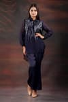 Buy_Myra Clothing Line_Blue Crepe Embellished Bead Shirt Collar High-low With Pant _at_Aza_Fashions