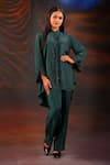 Buy_Myra Clothing Line_Green Crepe Embellished Bead Mandarin Collar Scallop High-low Shirt With Pant _at_Aza_Fashions