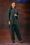 Myra Clothing Line_Green Crepe Embellished Bead Mandarin Collar Scallop High-low Shirt With Pant _Online_at_Aza_Fashions