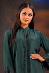 Shop_Myra Clothing Line_Green Crepe Embellished Bead Mandarin Collar Scallop High-low Shirt With Pant _Online_at_Aza_Fashions