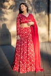 Buy_Essay by Sumedha Agrawal_Red Organza Satin Hand Embroidered Mirror Work V-neck Floral Print Lehenga Set _at_Aza_Fashions