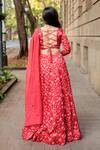 Shop_Essay by Sumedha Agrawal_Red Organza Satin Hand Embroidered Mirror Work V-neck Floral Print Lehenga Set _at_Aza_Fashions