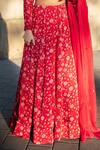 Essay by Sumedha Agrawal_Red Organza Satin Hand Embroidered Mirror Work V-neck Floral Print Lehenga Set _Online_at_Aza_Fashions